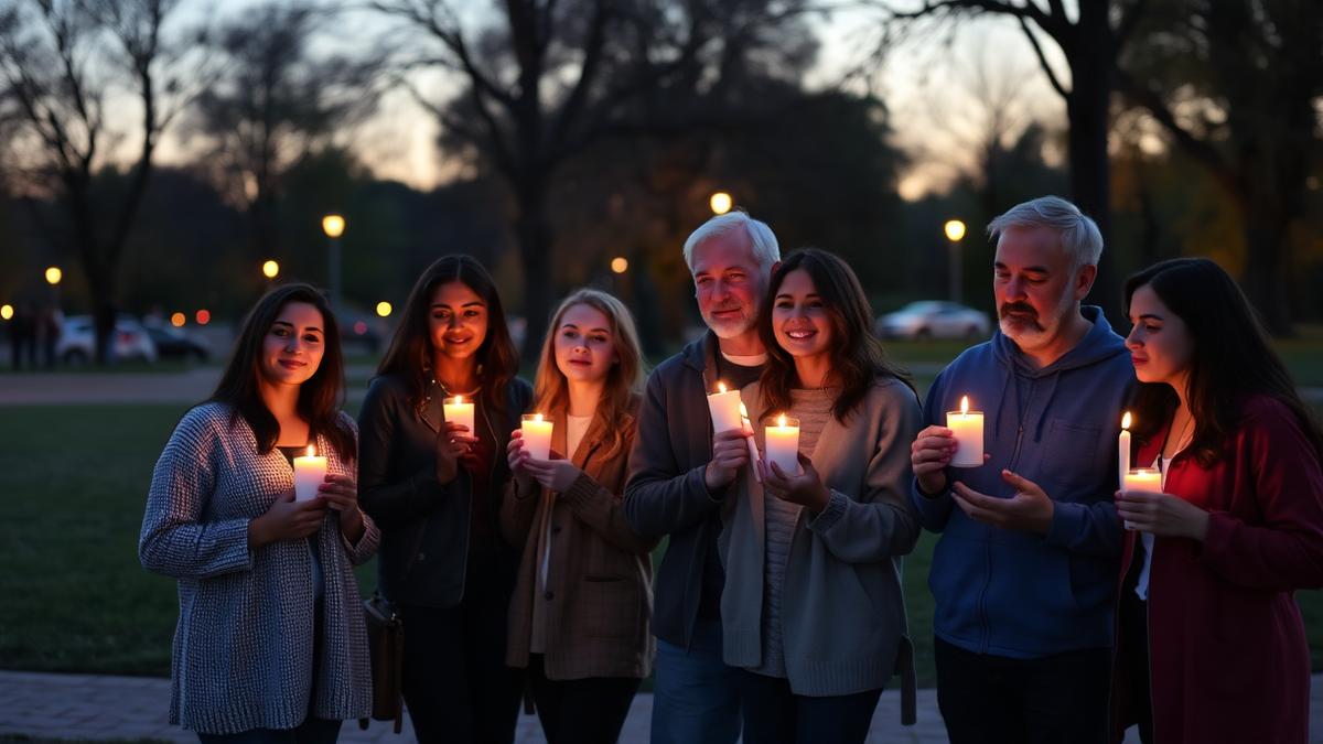 Cover photo for International Day for the Elimination of Violence Against Women: adults standing together holding candles at dusk in a quiet park