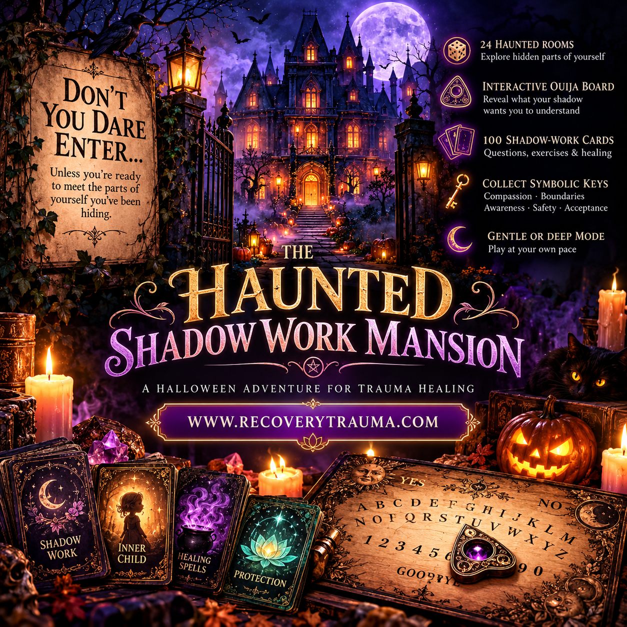 The Haunted Shadow Work Mansion — a candlelit gothic house under a full moon, with an Ouija board, shadow-work cards and glowing pumpkins in front