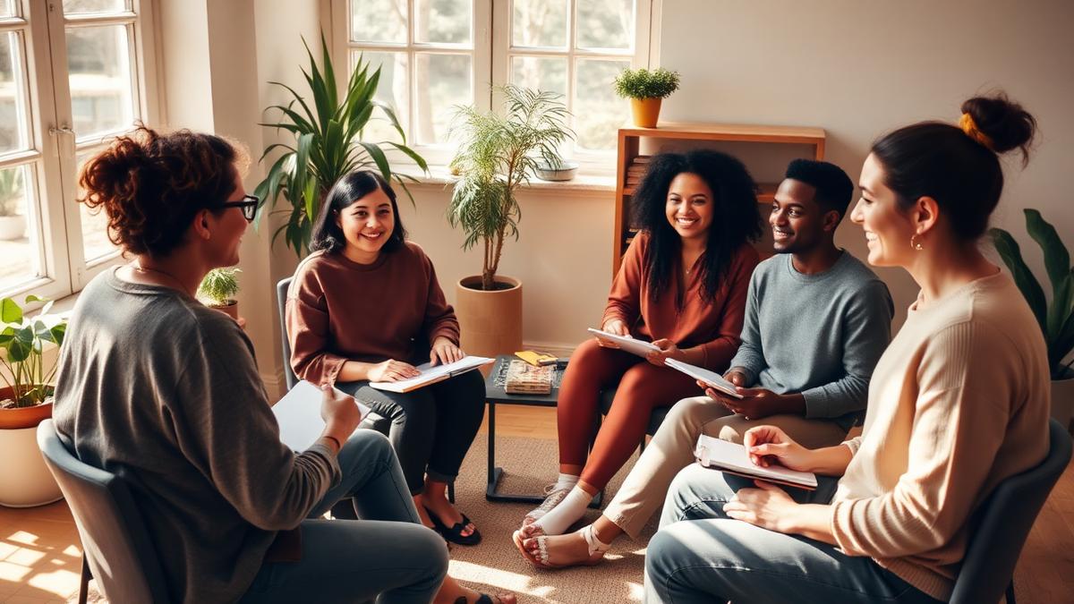 Cover photo for Affect-Focused EMDR Training: five adults sitting in a circle with notebooks in a sunlit room with plants
