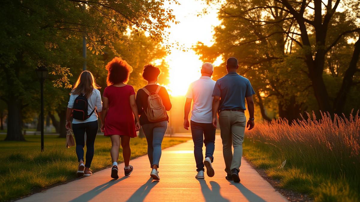 Cover photo for International Day of Persons with Disabilities: a small group of adults walking together along a park path at golden hour