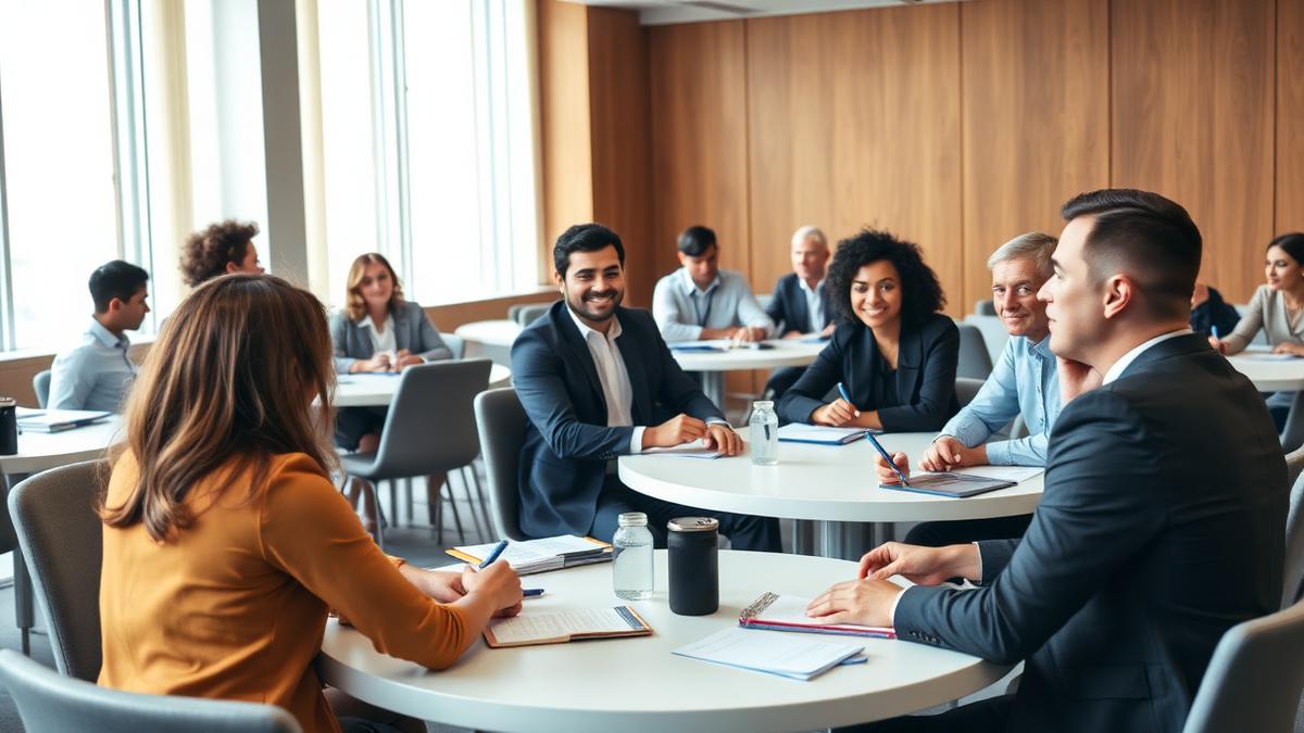 Cover photo for Polyvagal Institute International Gathering: people taking notes at round tables during a training seminar