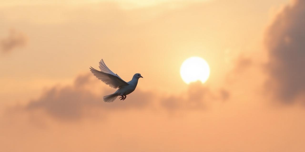 A white dove gliding through a soft pastel dawn sky.