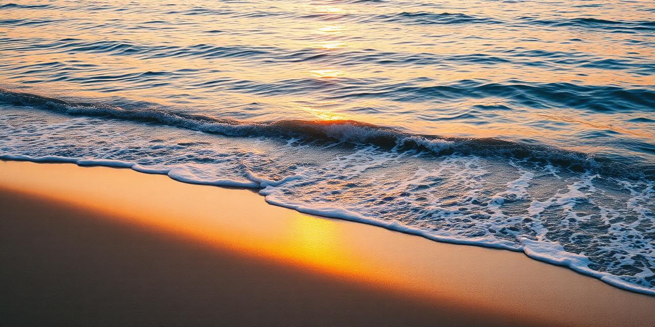 Gentle ocean waves meeting a soft sandy shore at golden hour.