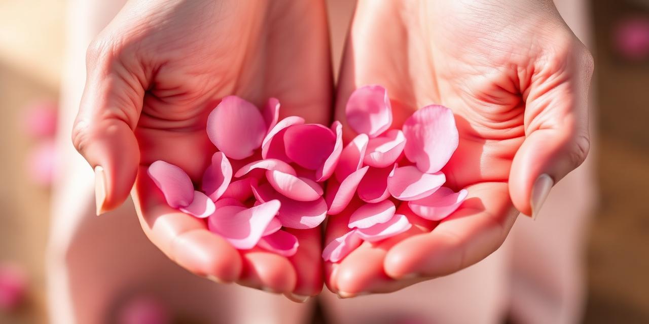 Open hands gently holding soft pink petals in warm light.