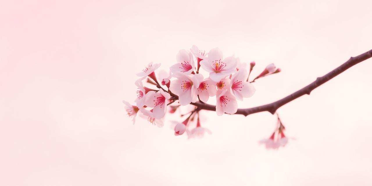 Soft pink cherry blossoms on a branch against a pastel sky.