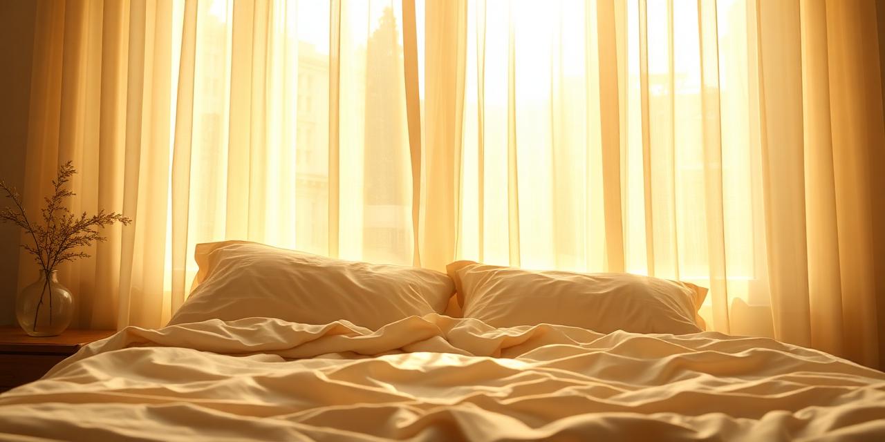 Warm golden sunlight streaming through sheer curtains onto a cozy bed.