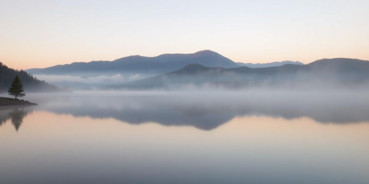 Calm misty mountain lake at sunrise with soft pastel reflections.