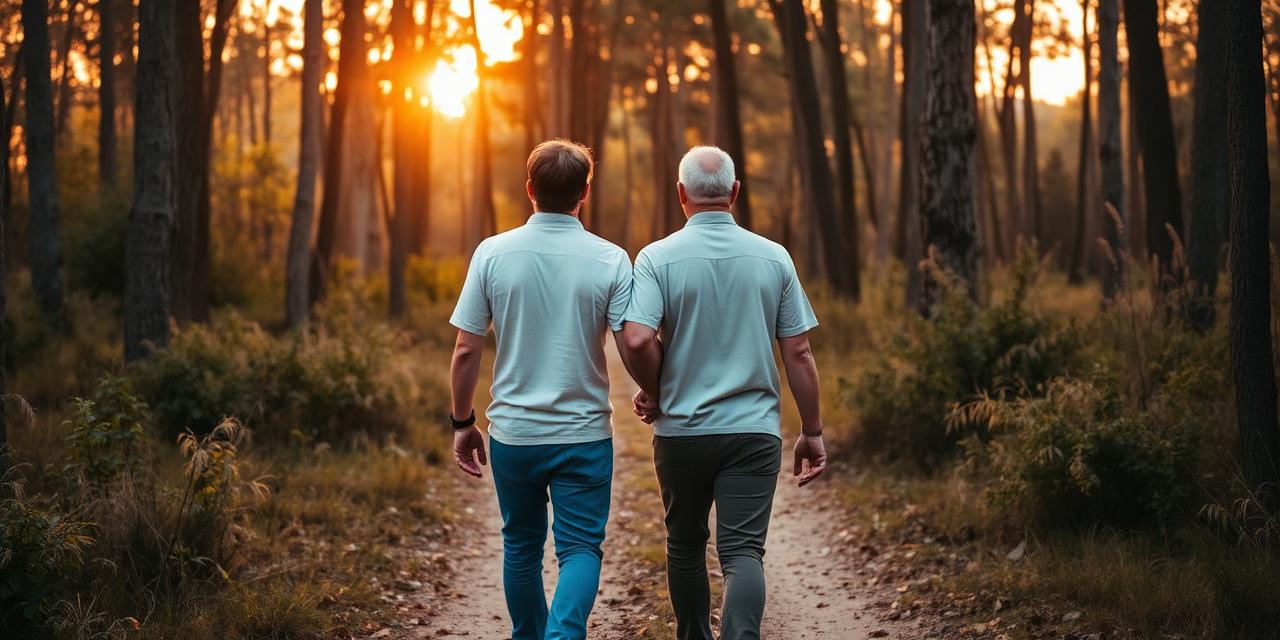 Two people walking together on a soft forest path at golden hour.