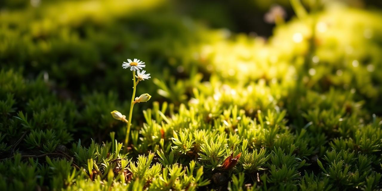 A small wildflower growing through soft moss in golden light.