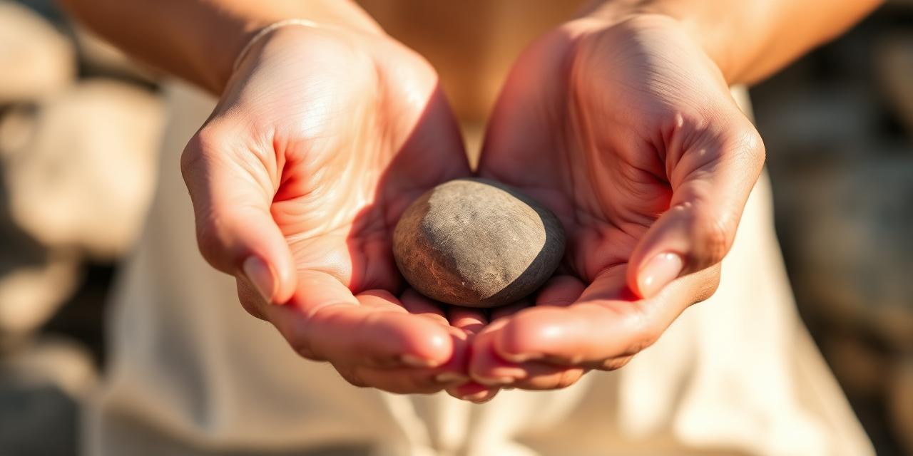 Cupped hands holding a smooth grounding stone in warm sunlight.
