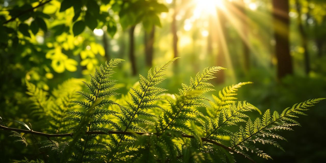 Soft sunlight filtering through green ferns in a peaceful forest.